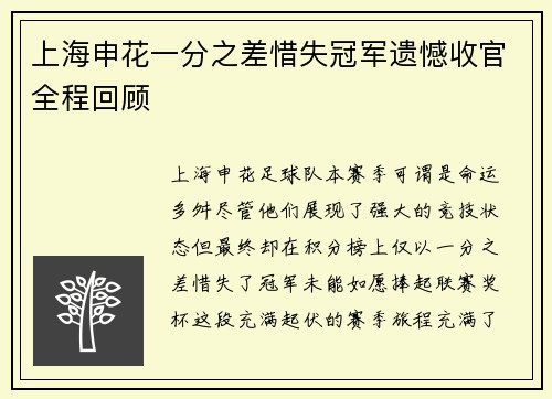 上海申花一分之差惜失冠军遗憾收官全程回顾
