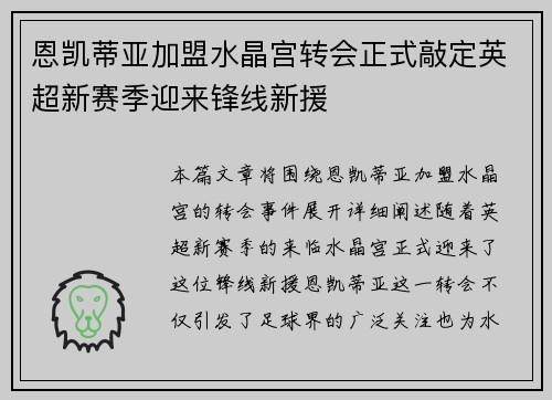 恩凯蒂亚加盟水晶宫转会正式敲定英超新赛季迎来锋线新援